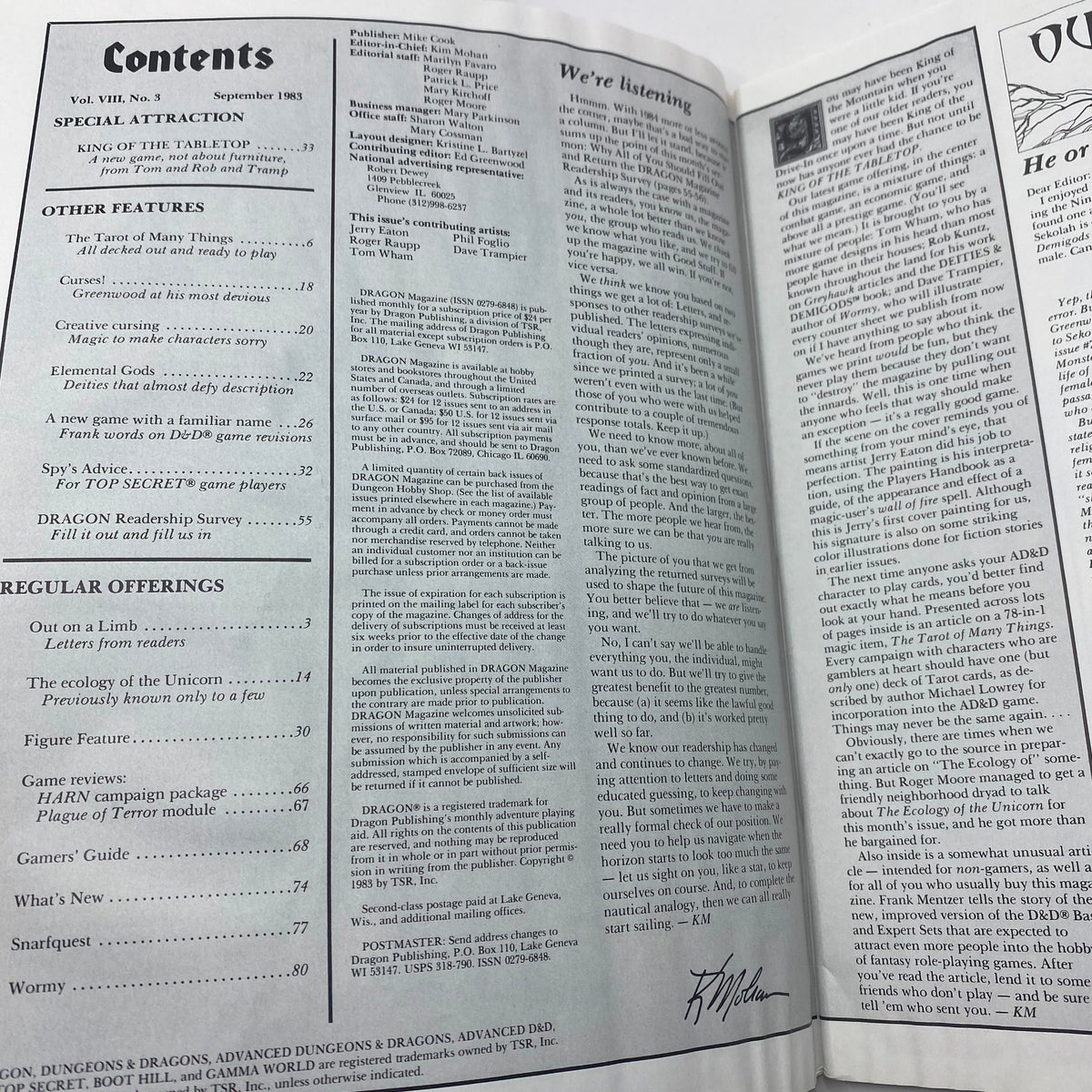 Contents page of VTG Dragon Magazine September 1983 #77 outlining the key articles and features, including the special attraction 'King of the Tabletop' and additional game insights.