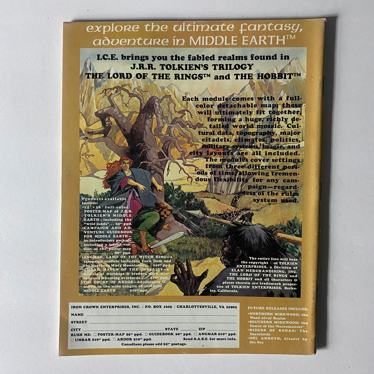 Back cover of VTG Dragon Magazine February 1983 #70 showcasing an advertisement for fantasy adventure products related to J.R.R. Tolkien's works.