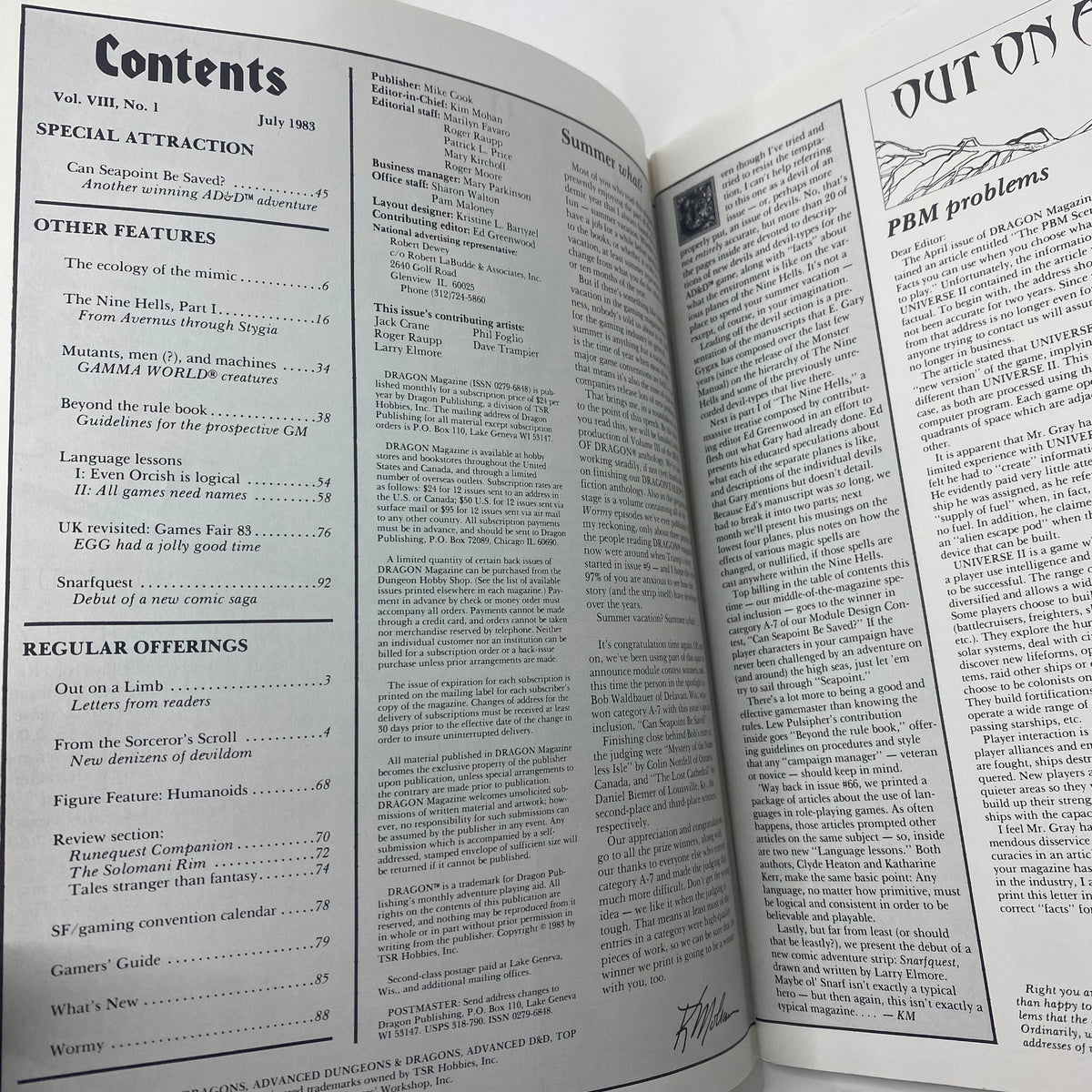 Contents page of VTG Dragon Magazine July 1983 #75, detailing features including 'Can Seapoint Be Saved?' and other role-playing game articles, showcasing the magazine's dedication to fantasy literature and gaming.