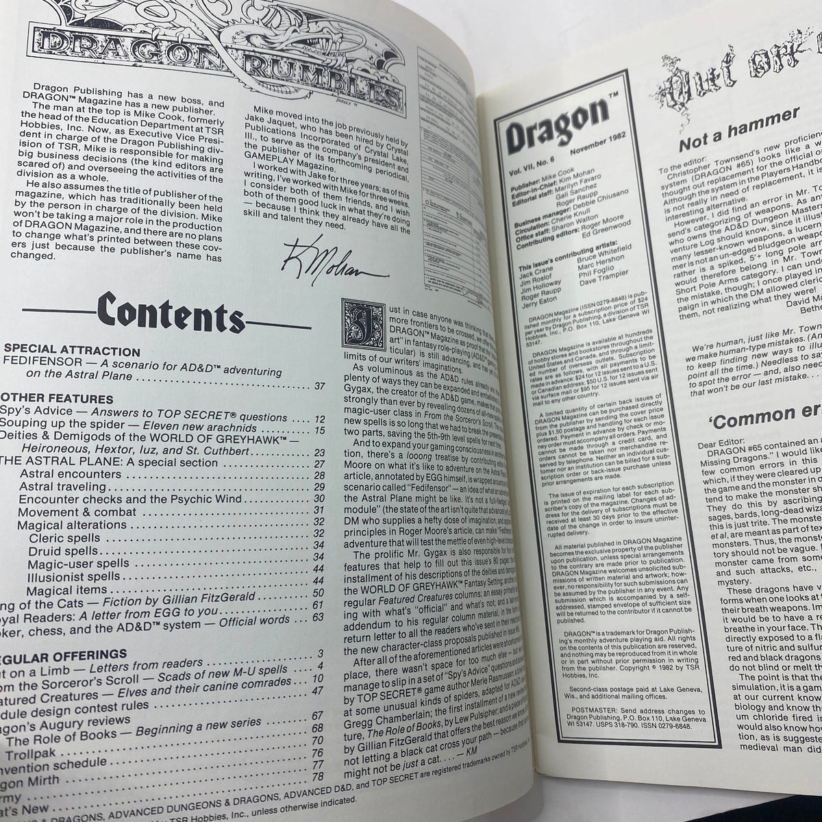Interior page of VTG Dragon Magazine November 1982 #67 displaying the contents section, including articles and features like 'Fedifensor'.