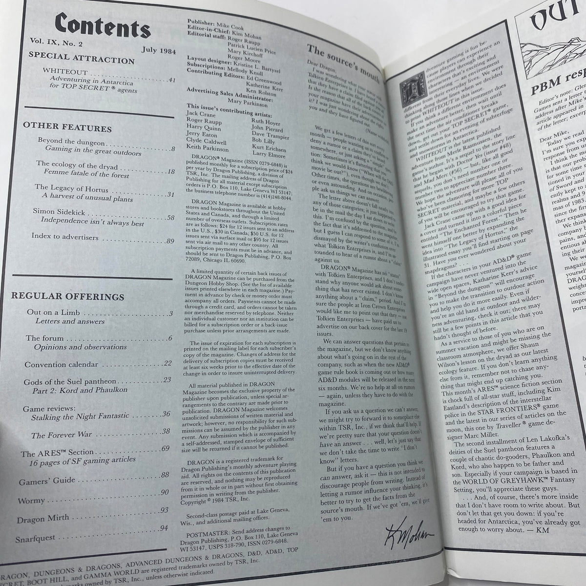 Inside page of VTG Dragon Magazine July 1984 #87 displaying the table of contents including featured articles and regular offerings.