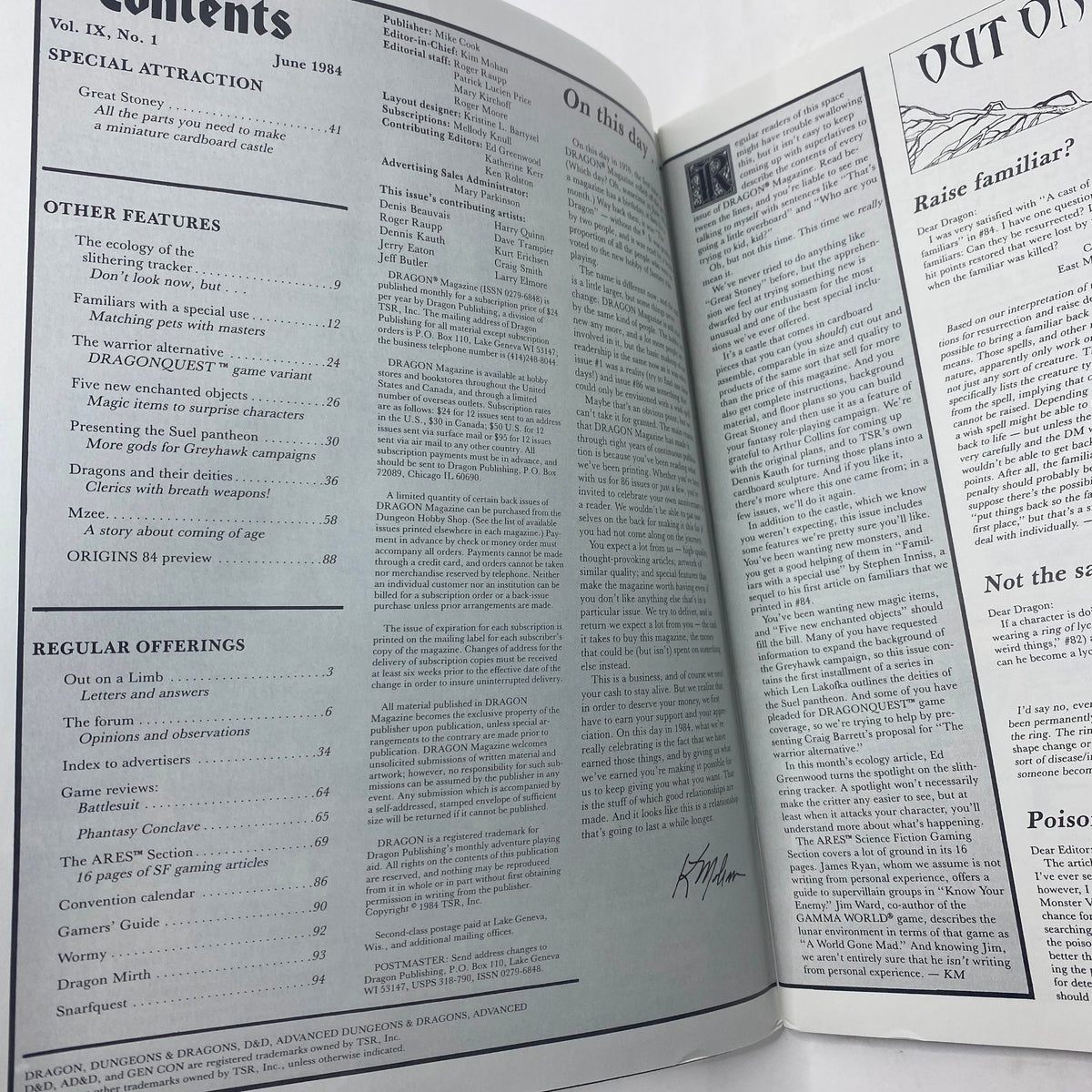 Table of contents page from VTG Dragon Magazine June 1984 #86, detailing articles including the Great Stoney Cardboard Castle and other features related to tabletop gaming.