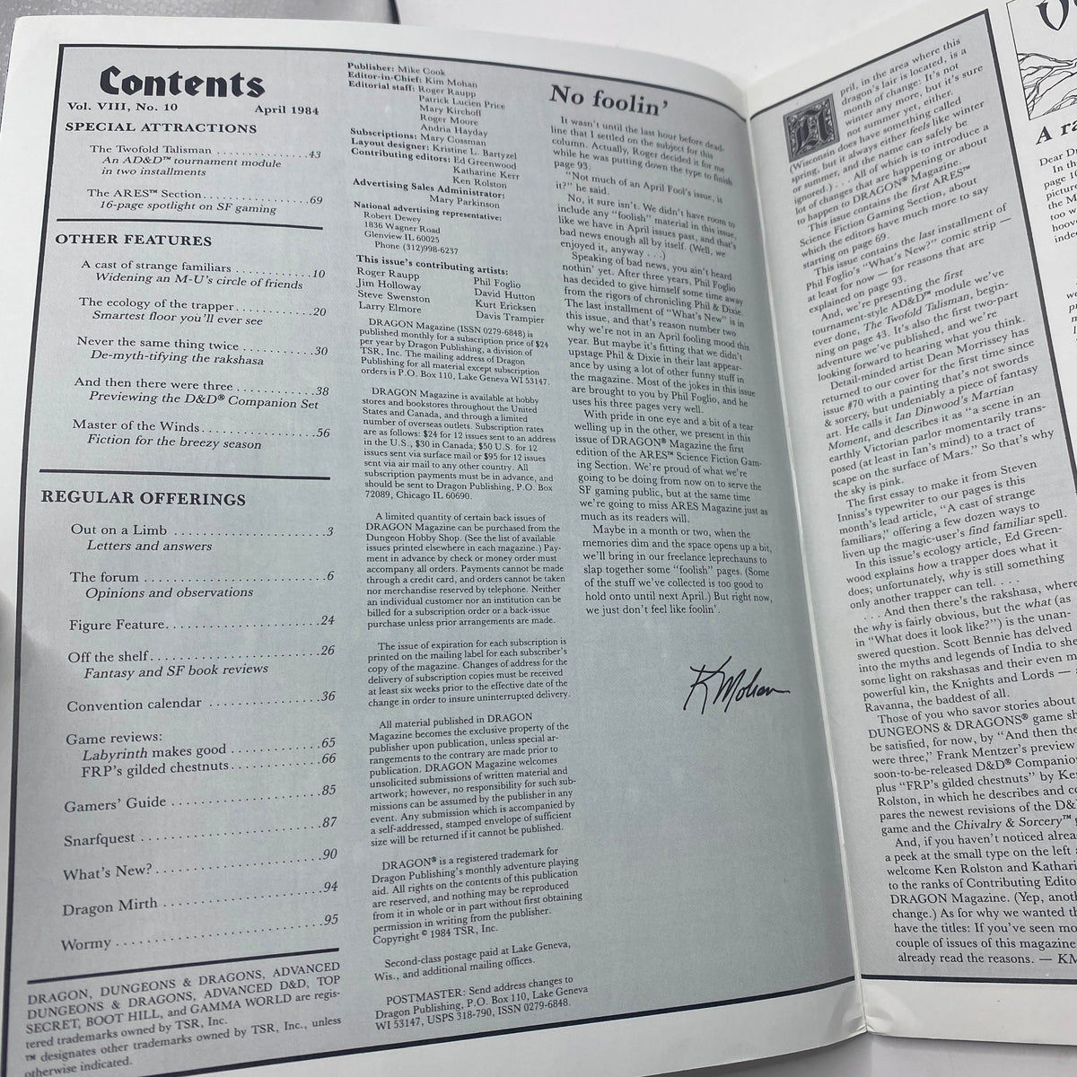 Table of contents page from VTG Dragon Magazine April 1984, issue #84. This page outlines the special attractions, regular offerings, and featured articles, highlighting key topics in fantasy and gaming.