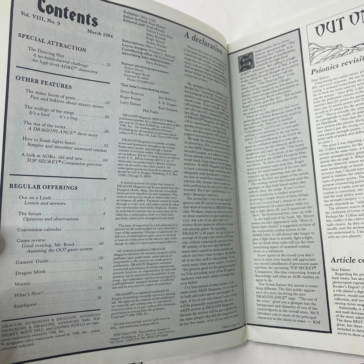 Table of contents from the March 1984 issue of Dragon Magazine #83 titled 'The Dancing Hut', showcasing featured articles and regular offerings related to tabletop gaming.