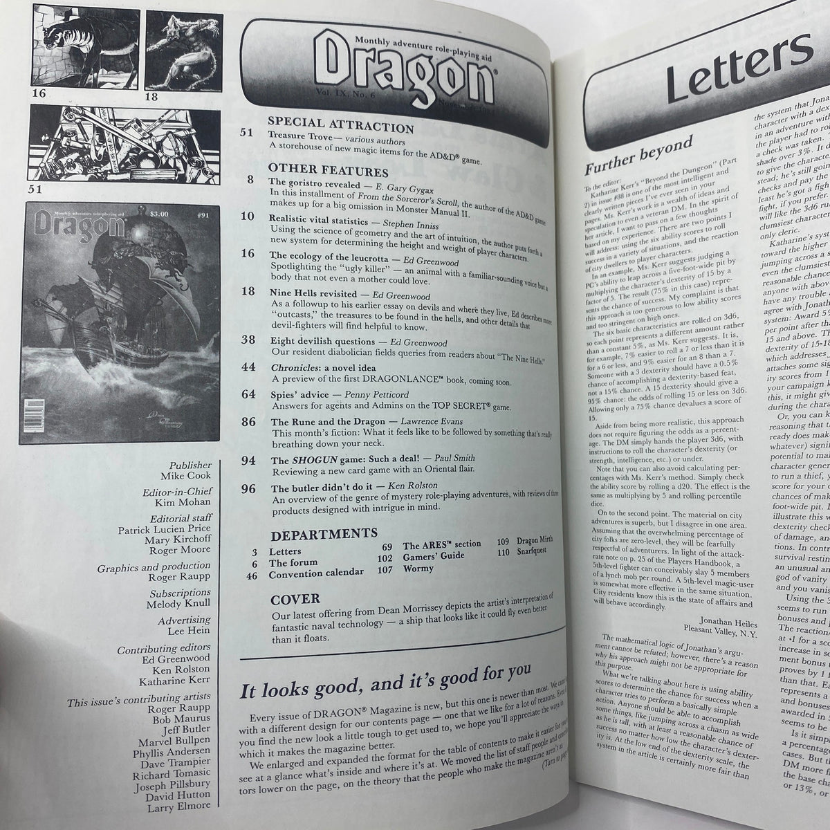 Interior page of VTG Dragon Magazine November 1984 #91, listing articles and features including 'Devils' Lair Revisited' and additional gaming content.