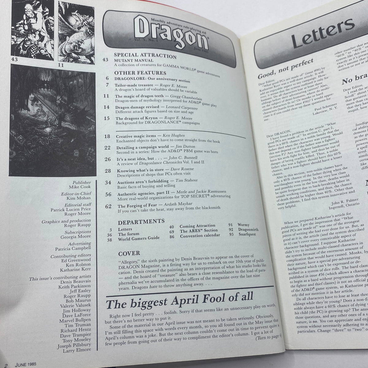 Interior page of VTG Dragon Magazine June 1985 Issue #98 displaying the table of contents and highlight features related to tabletop gaming.