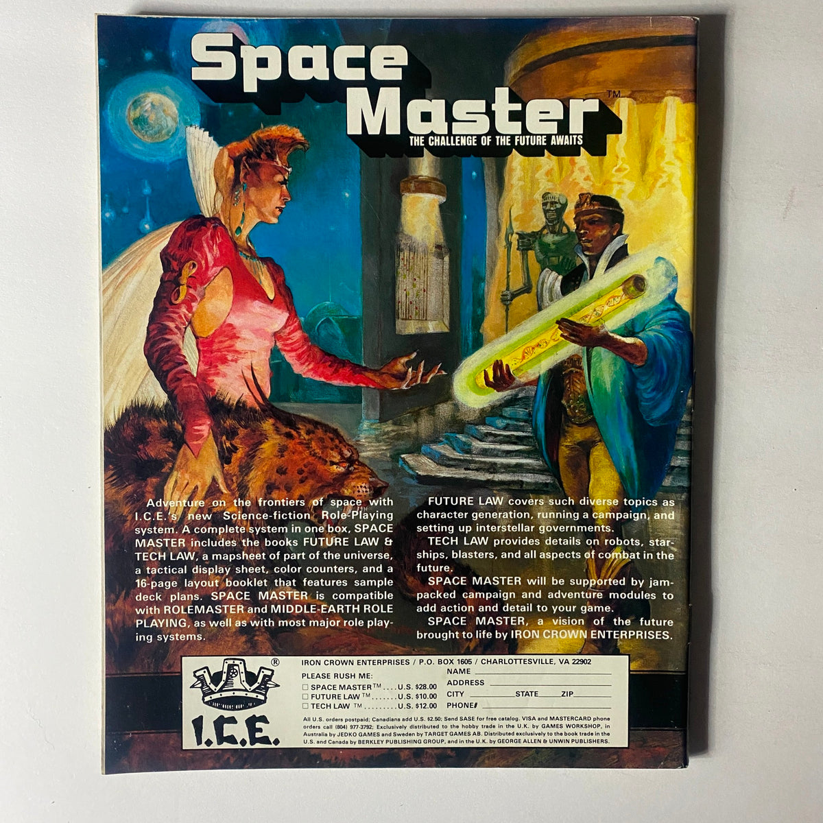 Back cover of VTG Dragon Magazine June 1985 Issue #98 advertising Space Master Role Playing Game, featuring dynamic illustrations and promotional text.