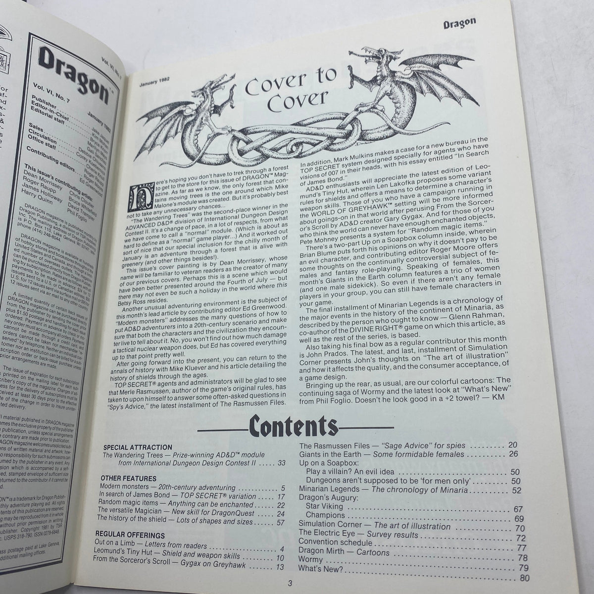 Inside page of Dragon Magazine January 1982, Issue #57 displaying the 'Cover to Cover' section and contents of the magazine highlighting articles on gaming and role-playing.