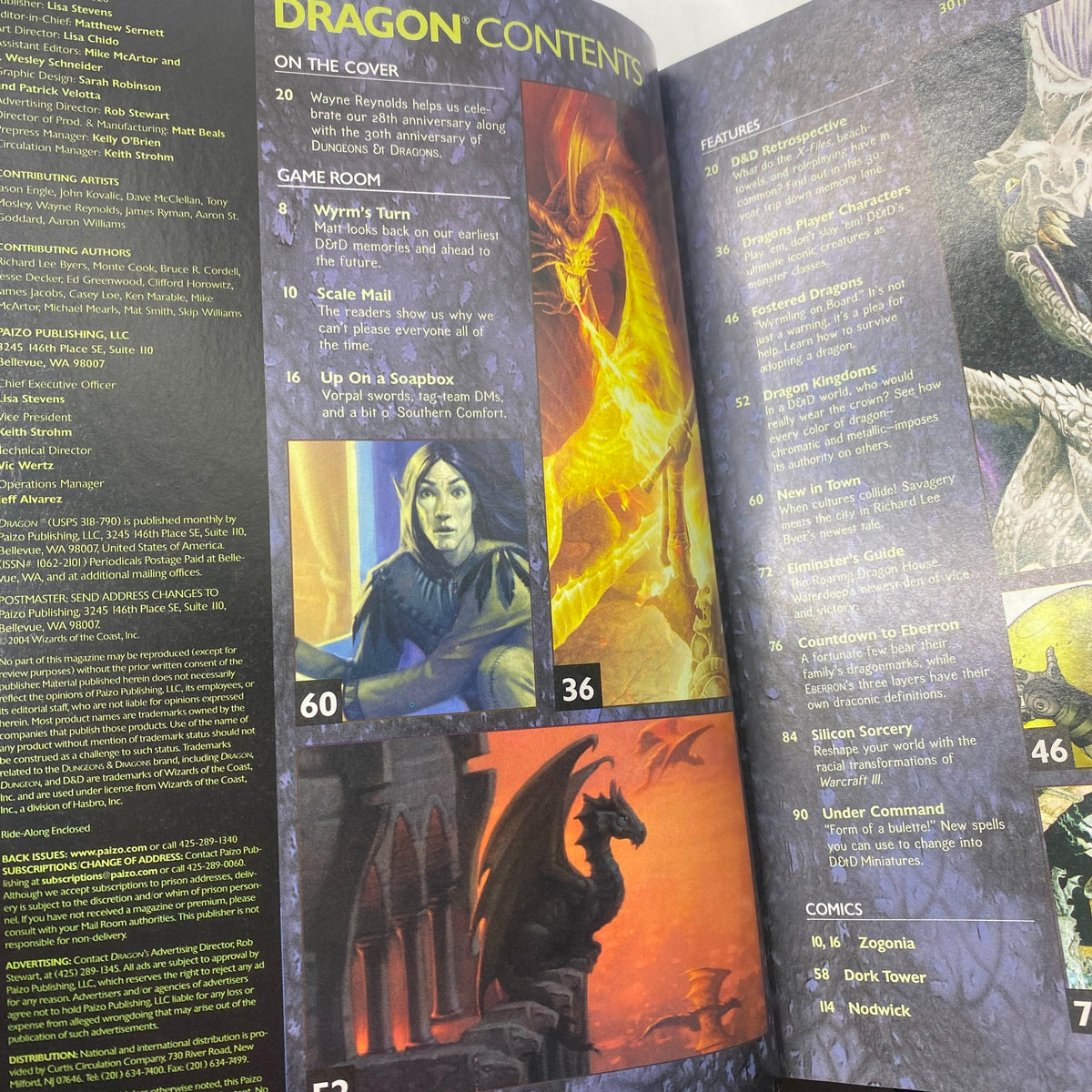 Inside page of Dragon Magazine June 2004 #320 featuring contents and a detailed overview of the articles including 'Wyrm's Rest' and 'Scale Mail'.