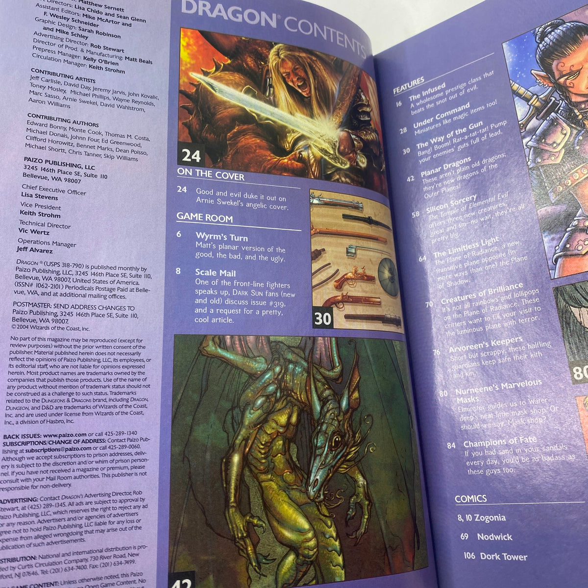 Contents page of Dragon Magazine July 2004, Issue #321, showcasing articles and features related to tabletop gaming, including highlights from the cover artist.