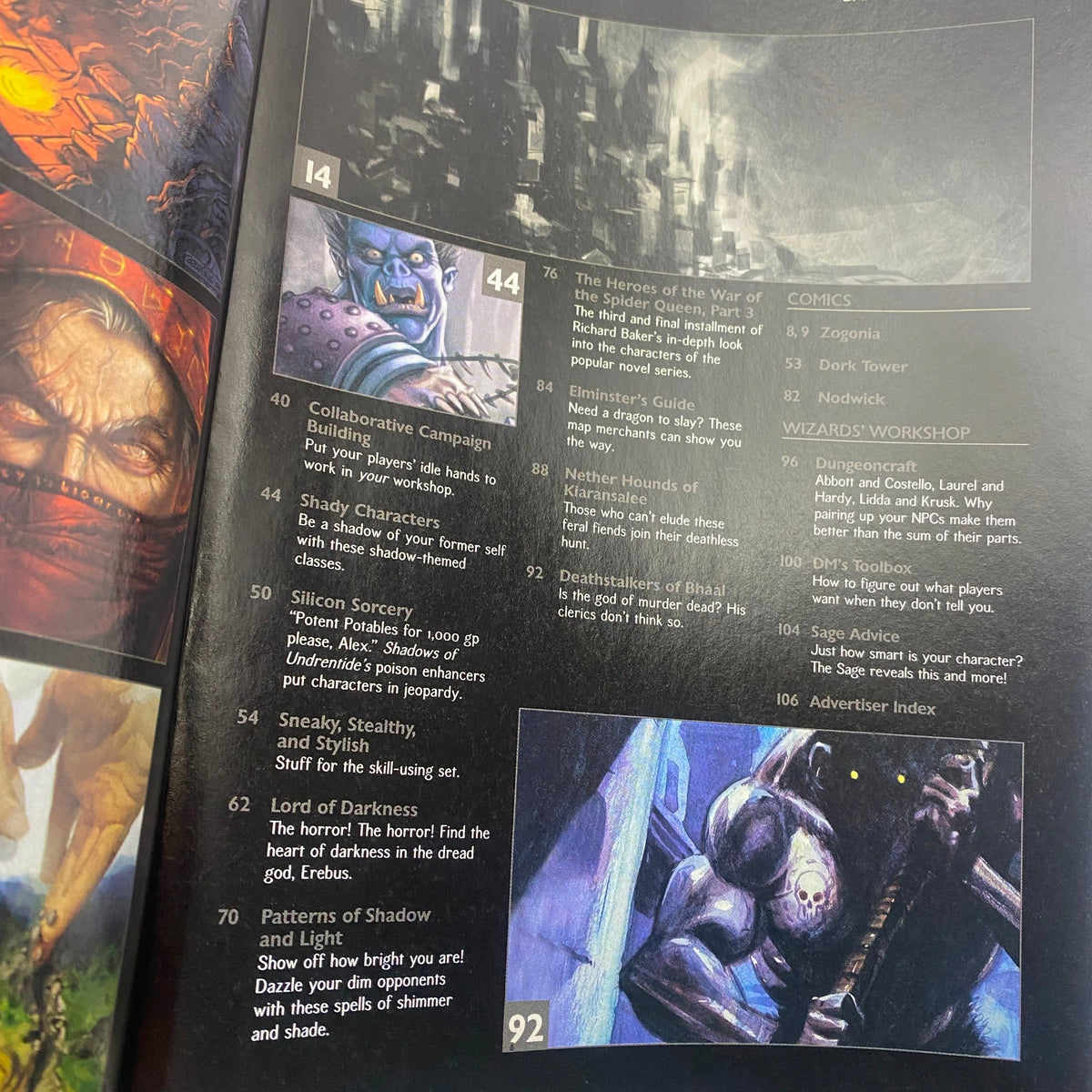 Page from Dragon Magazine August 2004 #322 displaying collaborative campaign building tips and art pieces connected to the Lord of Darkness theme.