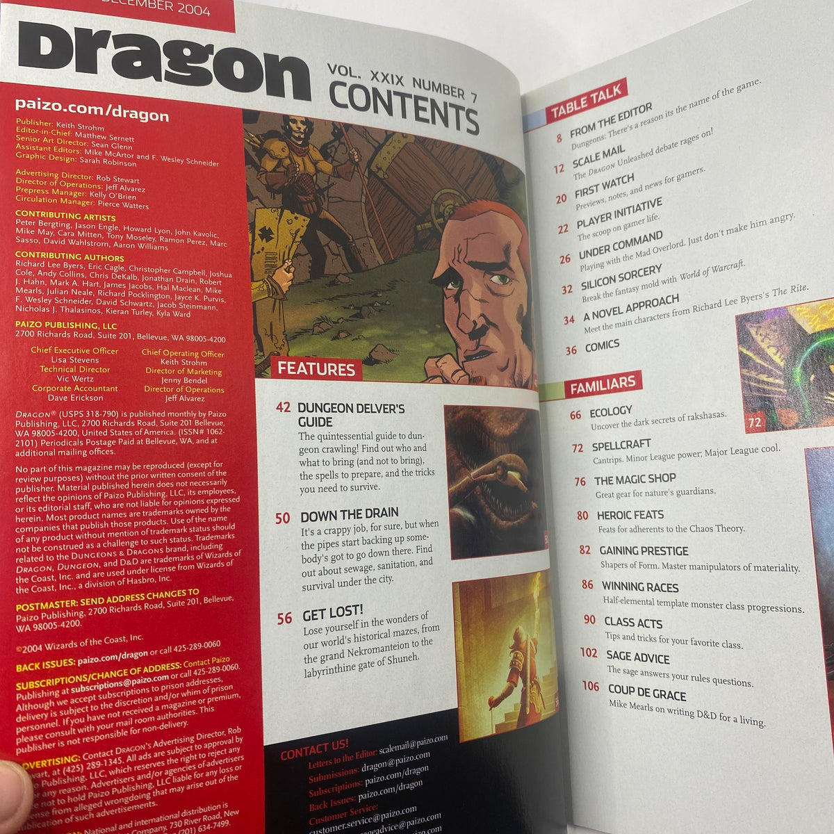 Table of contents page from Dragon Magazine December 2004 #326 The Wandering Monsters showcasing featured articles and sections.