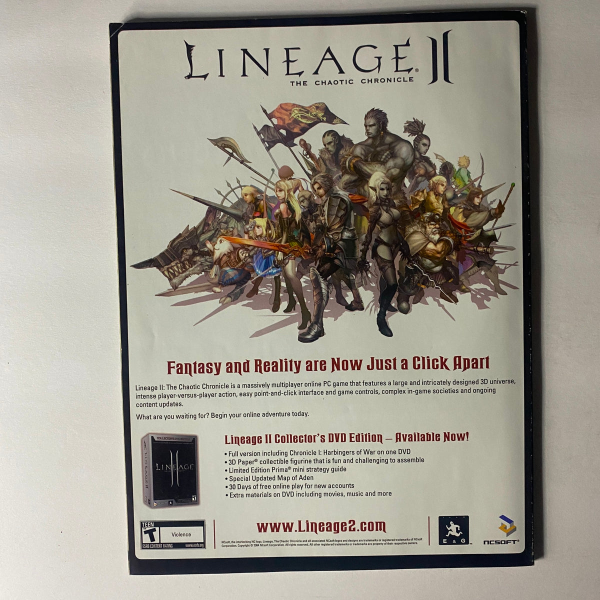 Back cover of Dragon Magazine December 2004 #326 The Wandering Monsters promoting the video game Lineage II with character illustrations.