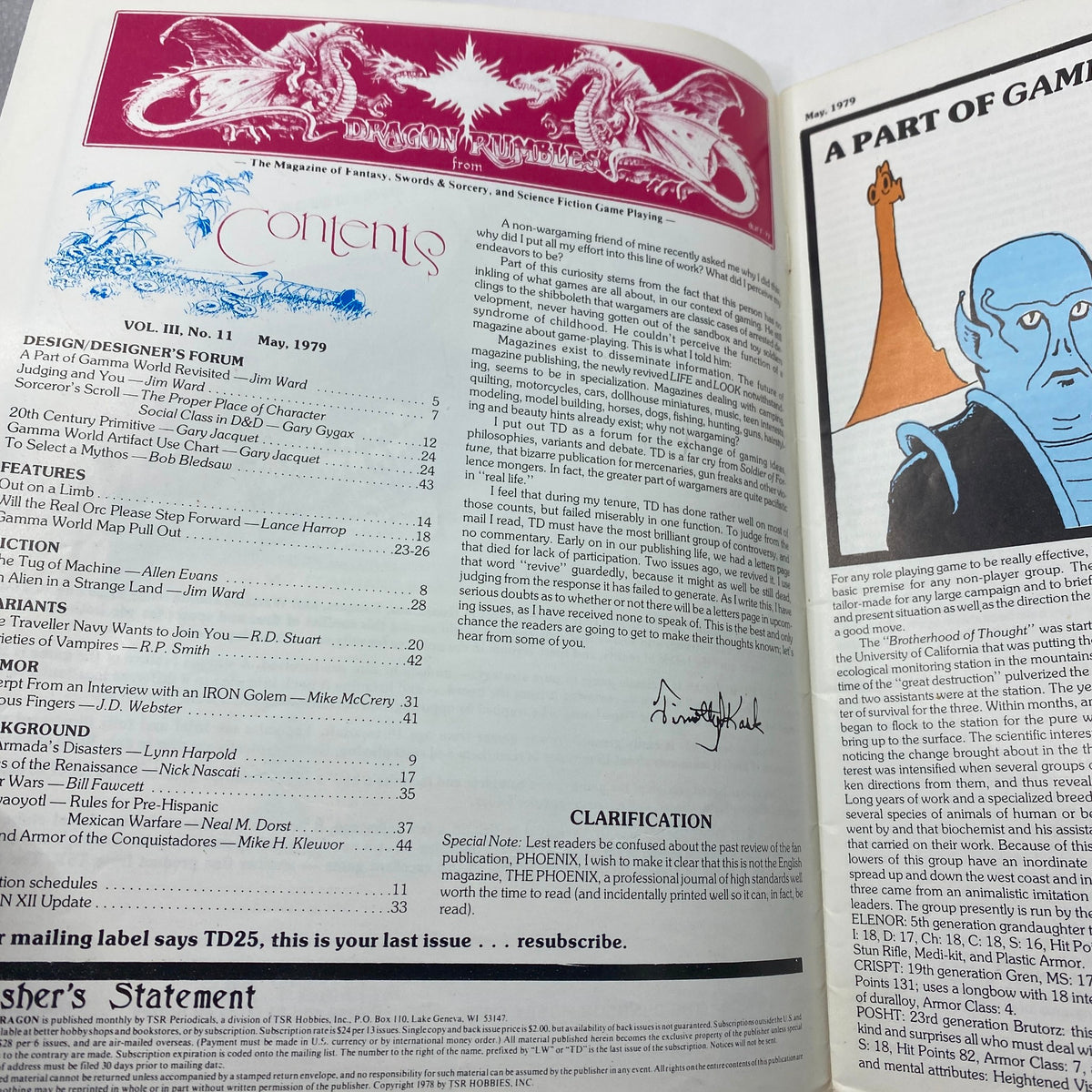 Inside page of VTG The Dragon Magazine May 1979 	#25 featuring table of contents and artwork related to Gamma World and gaming culture.
