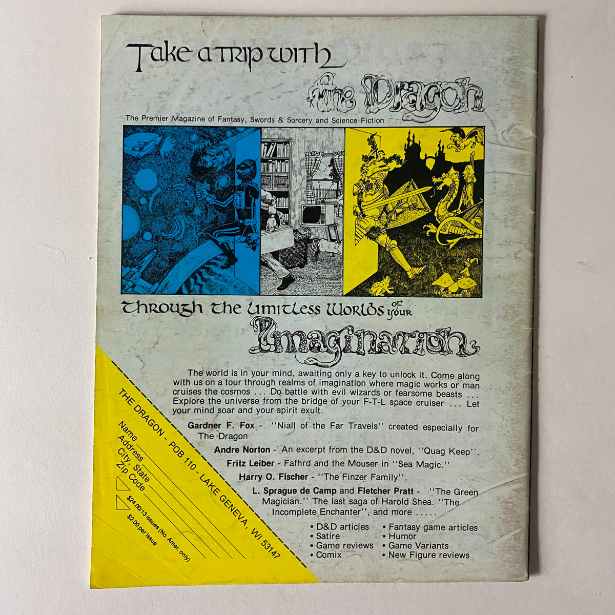 Cover page of VTG The Dragon Magazine May 1979 	#25 with illustrations inviting readers to explore the limitless worlds of imagination in fantasy and science fiction.