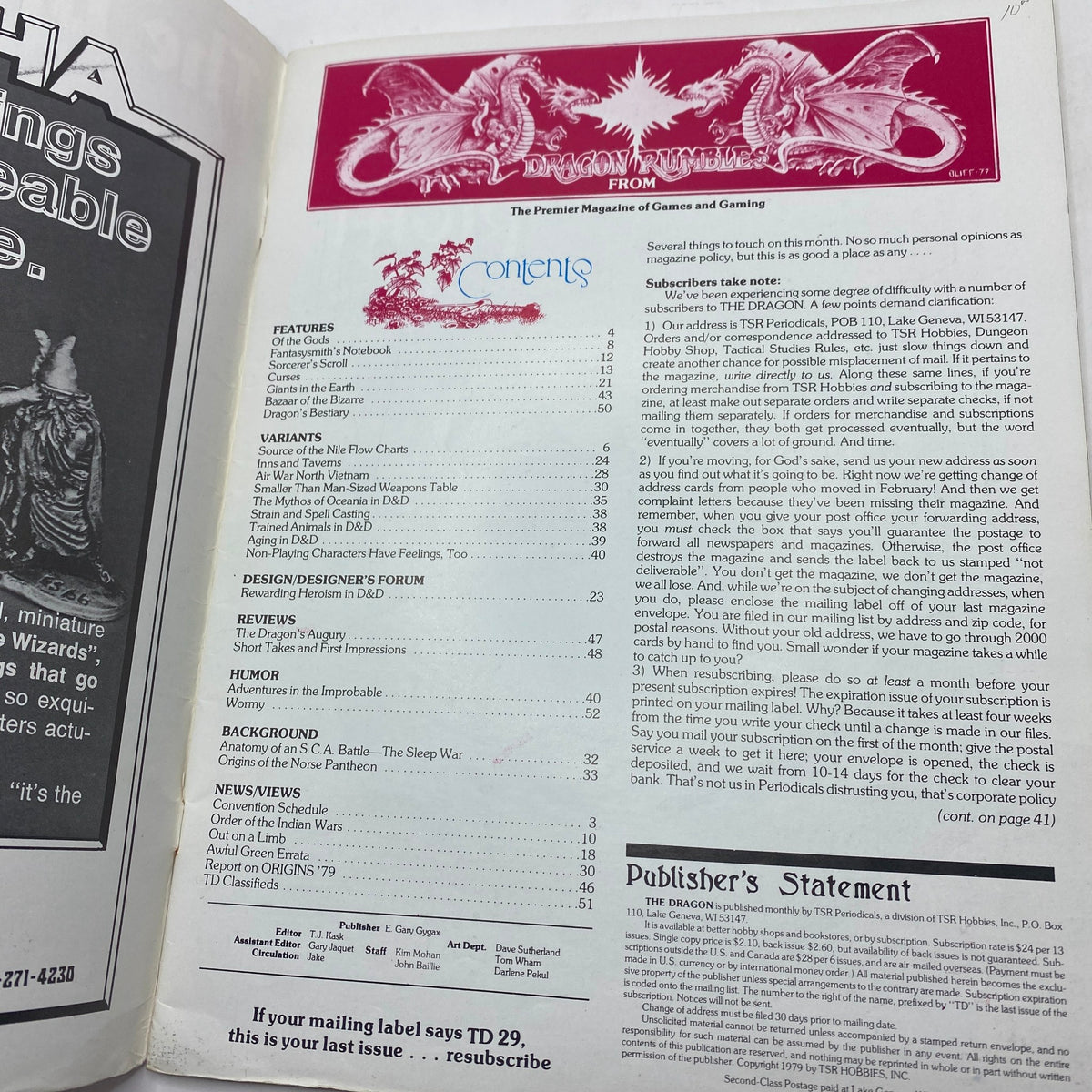 Inside page of VTG The Dragon Magazine September 1979 Issue #29, showcasing the table of contents and features like 'Fantasymith's Notebook' and other articles related to fantasy gaming.