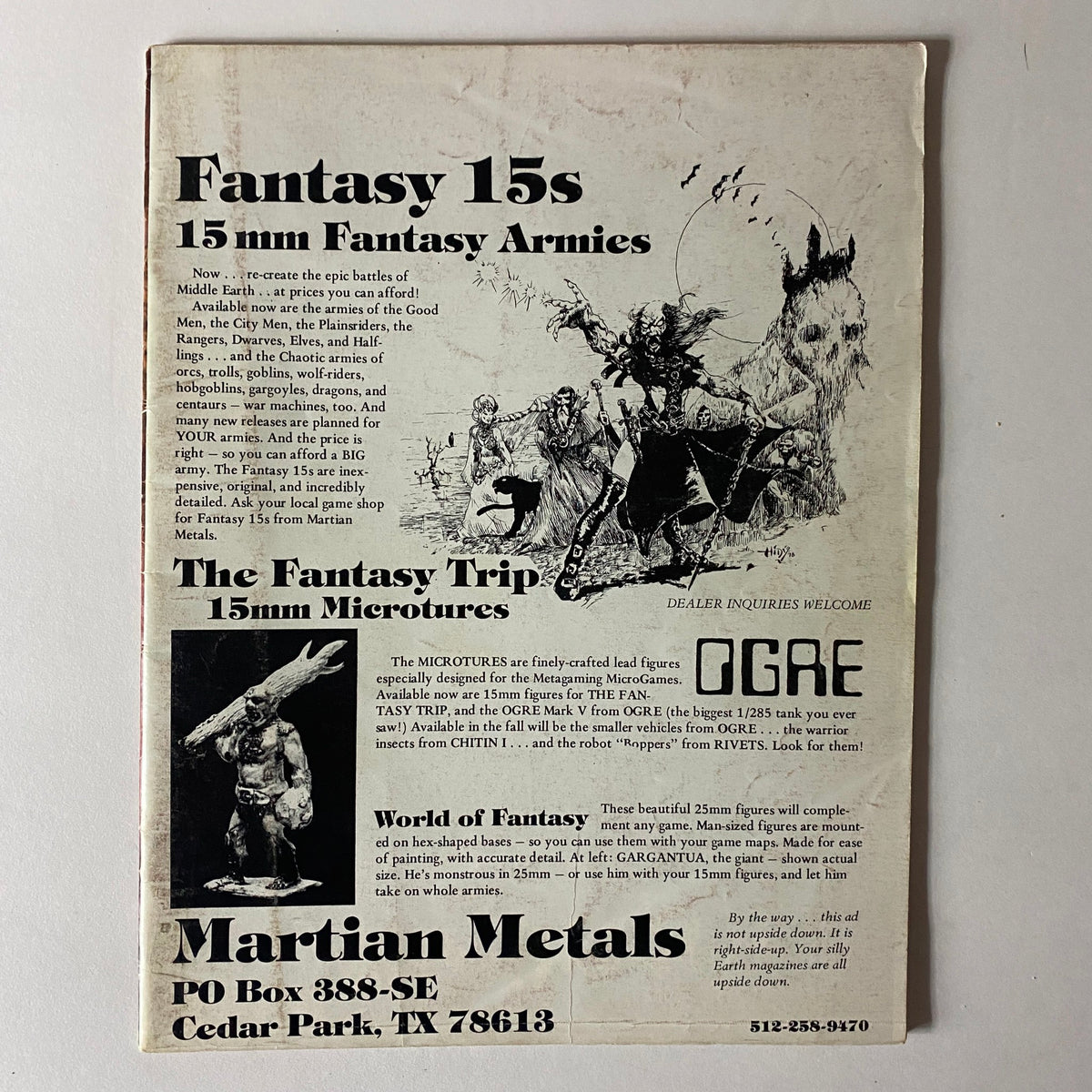 Back cover of VTG The Dragon Magazine September 1979 Issue #29, advertising 'Fantasy 15s' and 'The Fantasy Trip' including details about miniature gaming and figures from Martian Metals.
