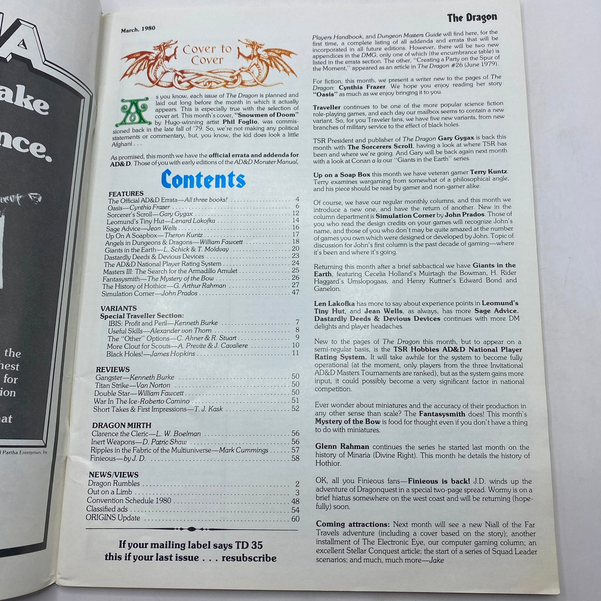 Inside page of VTG The Dragon Magazine March 1980 #35 featuring the table of contents, articles on AD&D errata, and various gaming features.