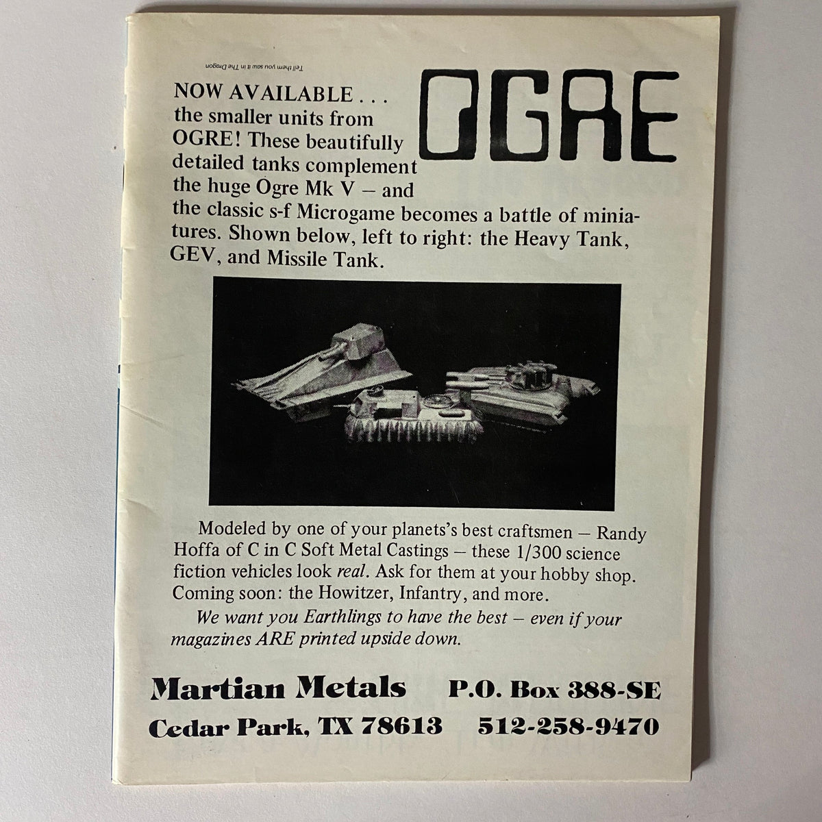 Advertisement page from VTG The Dragon Magazine March 1980 #35 showcasing available miniature tanks from the Ogre game, featuring detailed imagery and product information.