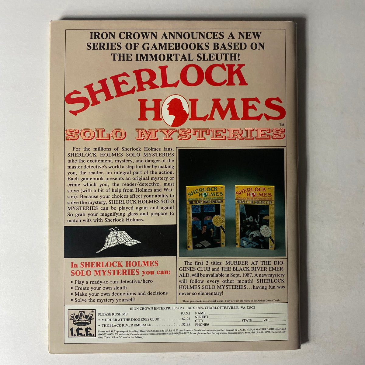 Back cover of VTG Dragon Magazine August 1987 #124 promoting Sherlock Holmes Solo Mysteries gamebooks, highlighting interactive gameplay elements.