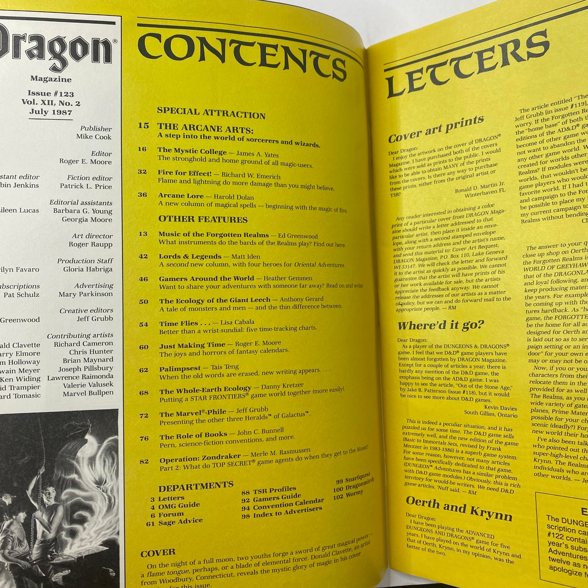 Contents page of VTG Dragon Magazine July 1987 Issue #123, showcasing featured articles and highlights related to tabletop RPGs.