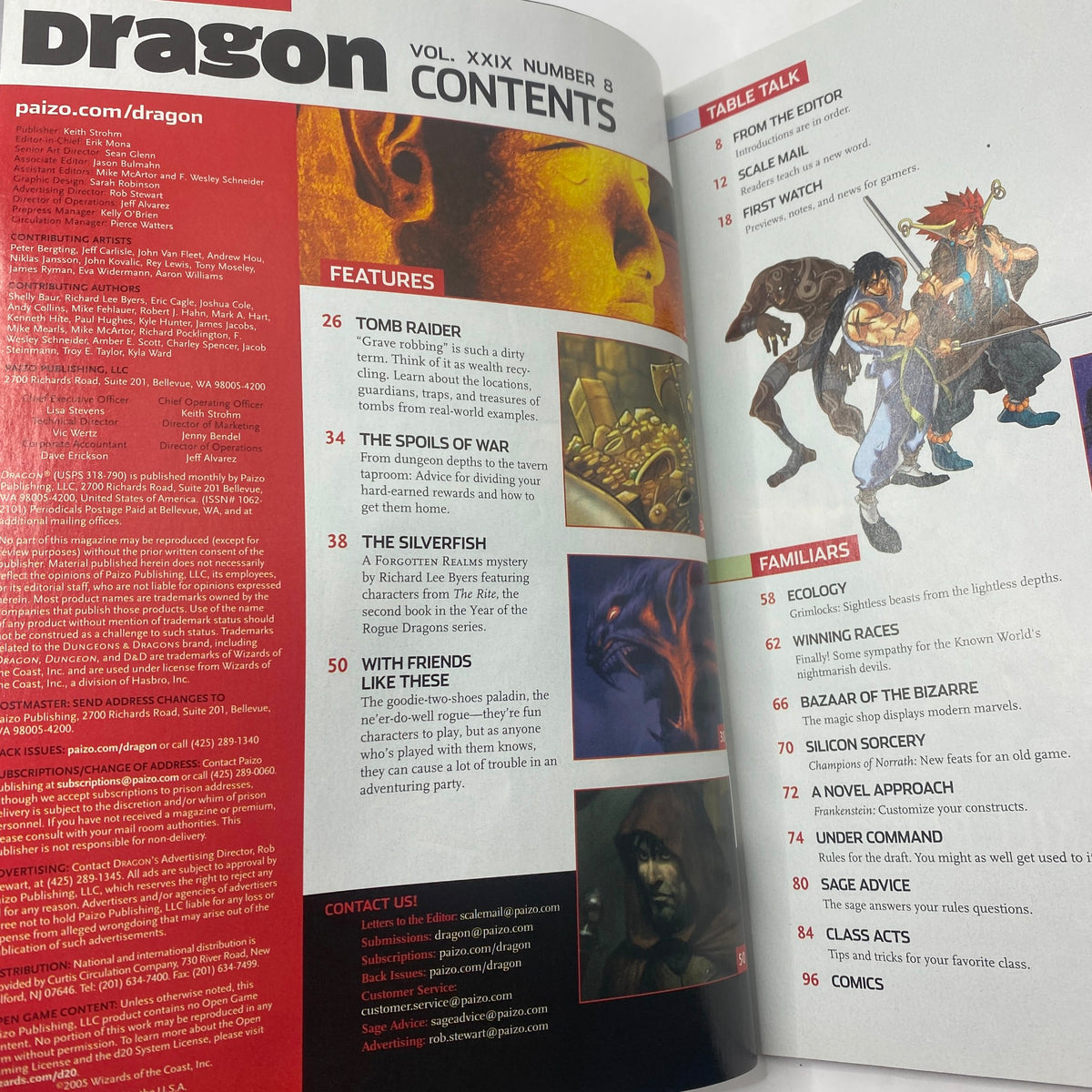 Contents page of Dragon Magazine January 2005 #327, outlining featured articles including 'Tomb Raider' and 'The Silversmiths', reflecting the vintage Dungeons & Dragons gaming culture.