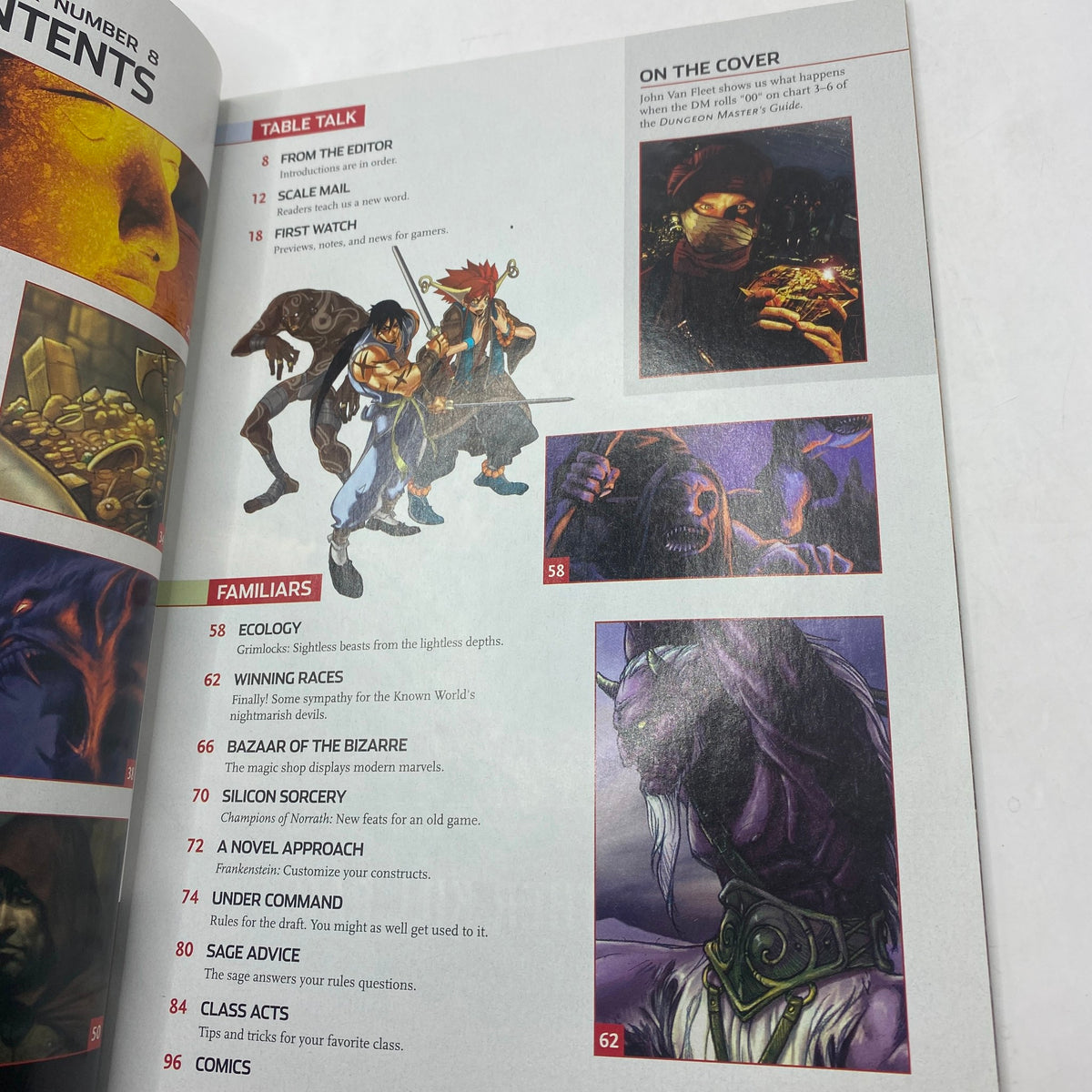 Inside page of Dragon Magazine January 2005 #327 displaying the table of contents with illustrations, emphasizing the magazine's focus on Dungeons & Dragons content from the early 2000s.