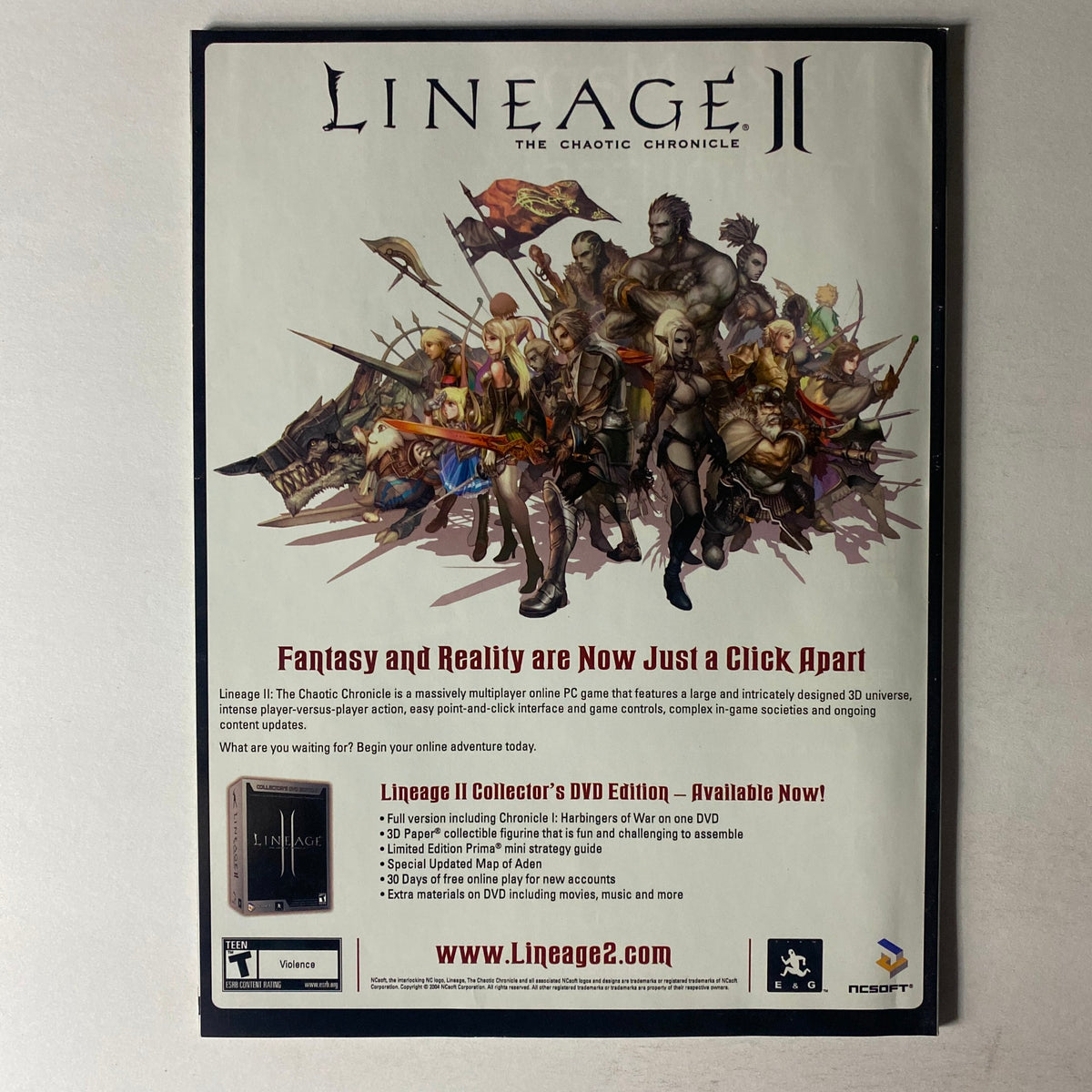 Back cover of Dragon Magazine January 2005 #327 promoting 'Lineage II: The Chaotic Chronicle', an online fantasy game, highlighting the crossover of gaming interests in the D&D community.