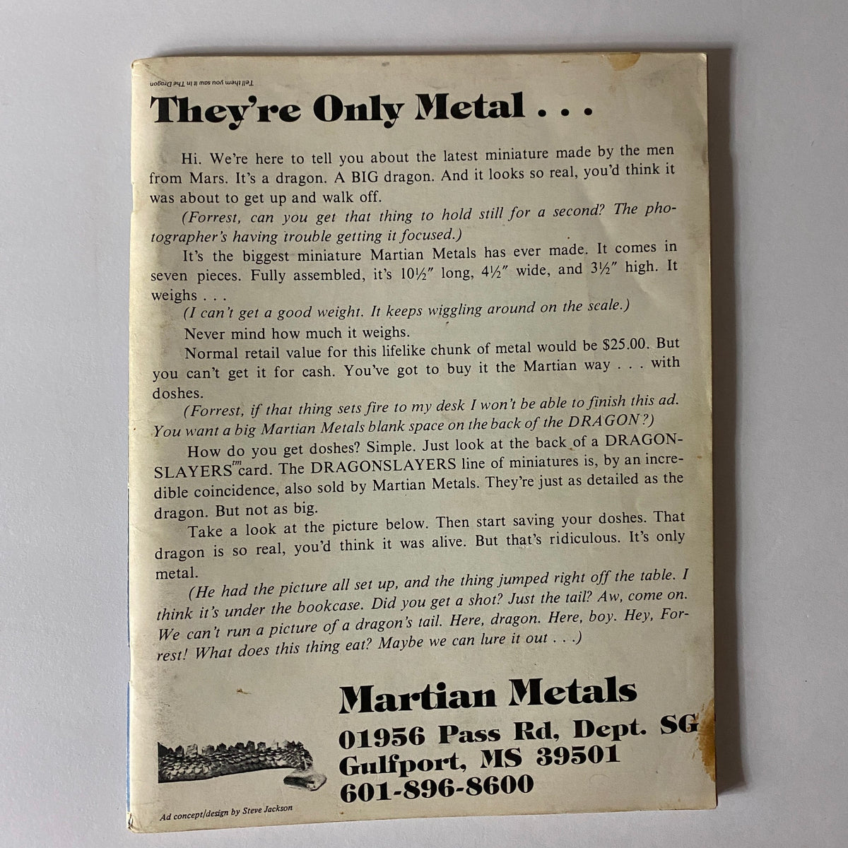 Back cover of VTG Dragon Magazine August 1980 #40, displaying an advertisement for Martian Metals dragon miniatures, highlighting vintage fantasy collectibles.