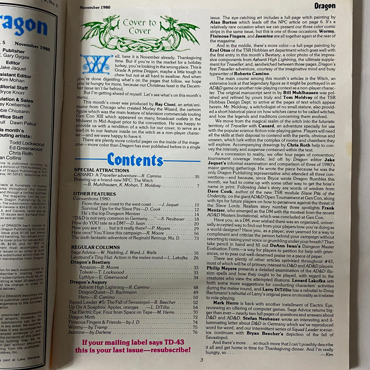 Inside page of VTG The Dragon Magazine November 1980 #43 displaying the table of contents, highlighting various articles and features relevant to tabletop RPG enthusiasts.