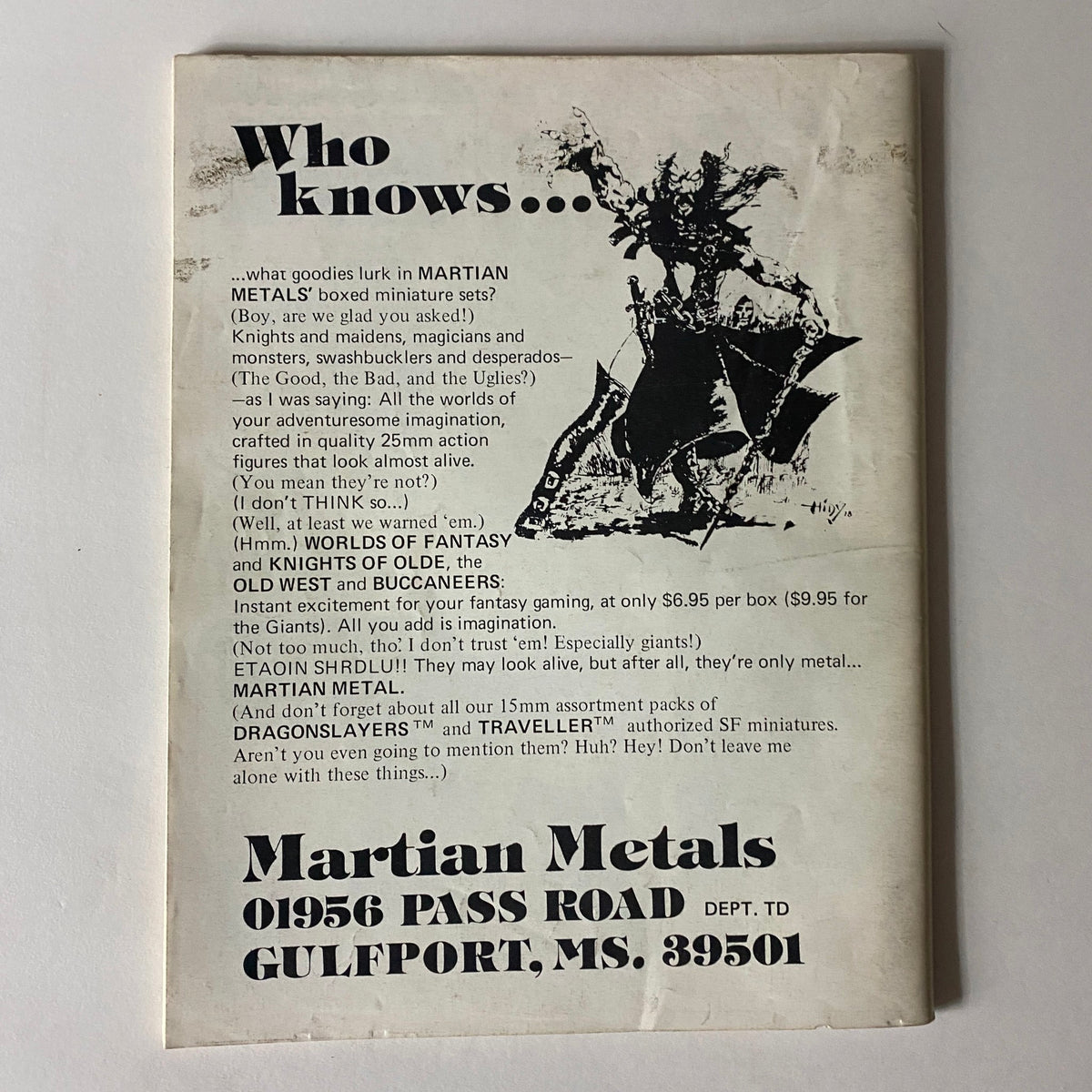 Back cover of VTG The Dragon Magazine November 1980 #43 The Witch, featuring an advertisement for Martian Metals boxed miniature sets and fantasy gaming, promoting 25mm action figures. Ideal for collectors and fans of vintage tabletop RPGs.