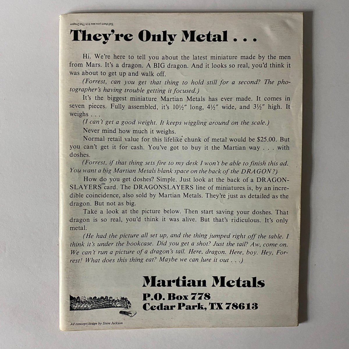 Back cover of VTG The Dragon Magazine January 1981 #45 with an advertisement for Martian Metals featuring a dragon miniature. The page discusses the product's details and pricing for collectors and enthusiasts.