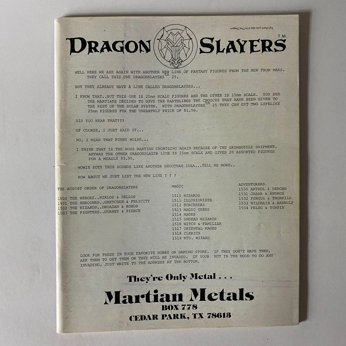 Back cover of VTG The Dragon Magazine February 1981 #46 The Temple of Poseidon featuring advertising for Dragon Slayers miniatures and Martian Metals collectibles, showcasing fantasy figures and gaming accessories.