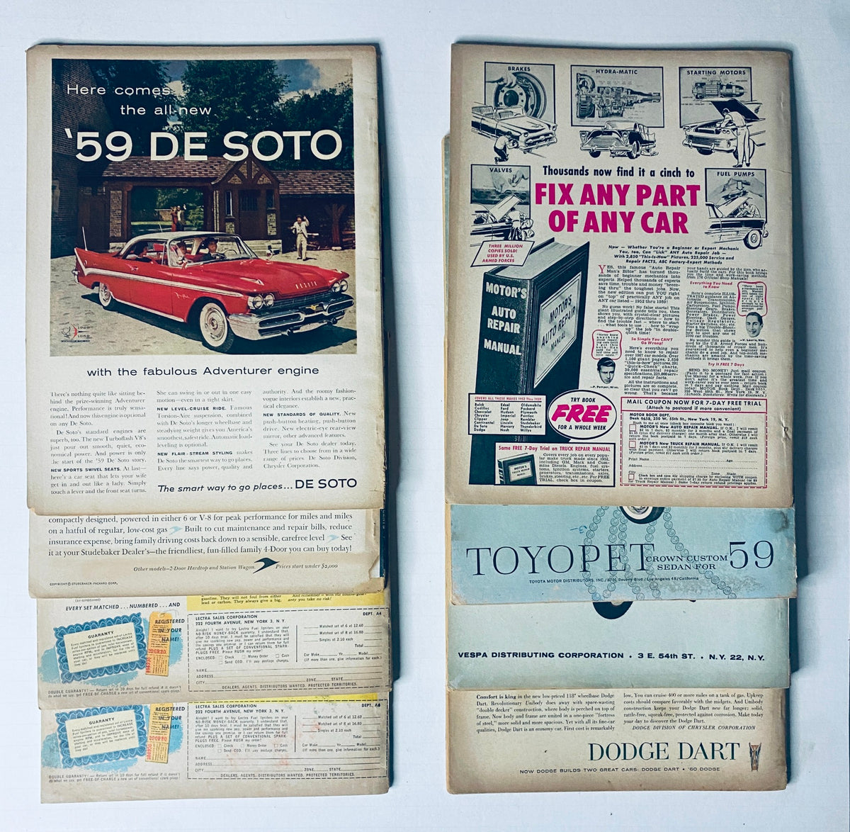 Lot of 8 Car Life Magazine pages featuring advertisements and articles relevant to automotive repairs from the 1959 editions.