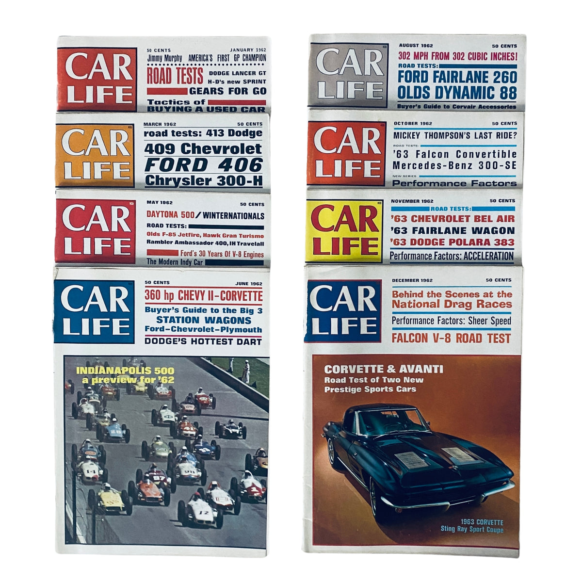 Lot of 8 Car Life Magazines, showcasing covers from 1962 issues including January, March, May, June, and August with automotive features and road test articles.