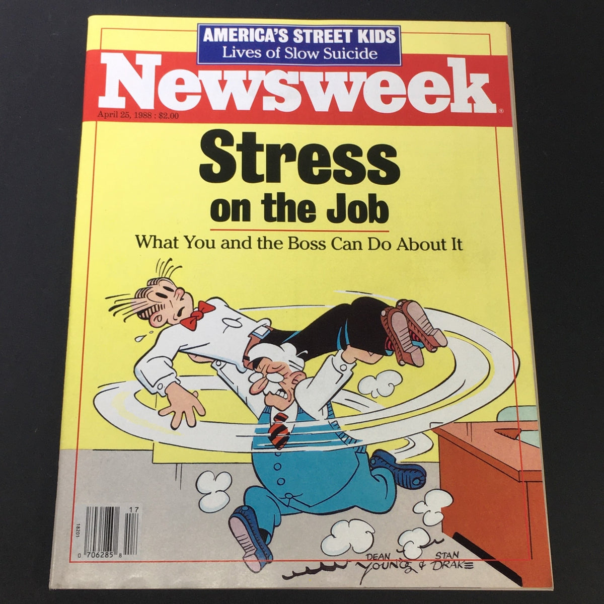 VTG Newsweek Magazine from April 25, 1988, featuring a vibrant cover illustration addressing 'Stress on the Job' with the headline 'America's Street Kids'.
