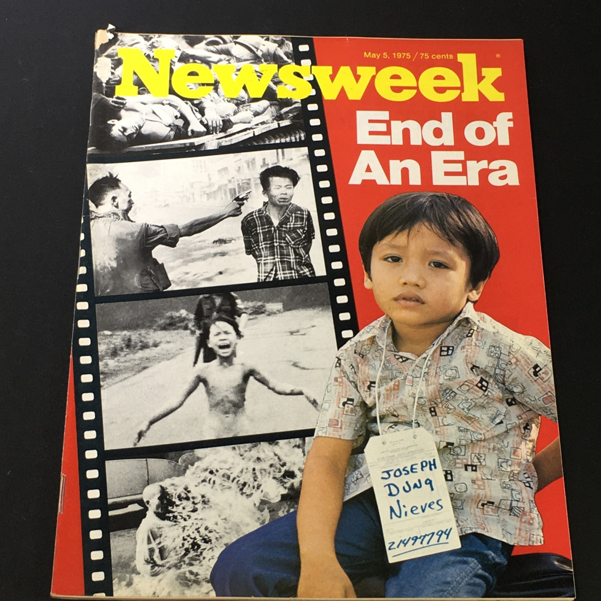 Vintage Newsweek magazine cover from May 5, 1975, featuring the title 'End of an Era' with photographs of children and cultural snapshots, highlighting the cover story 'Joseph Dung Nieves'.