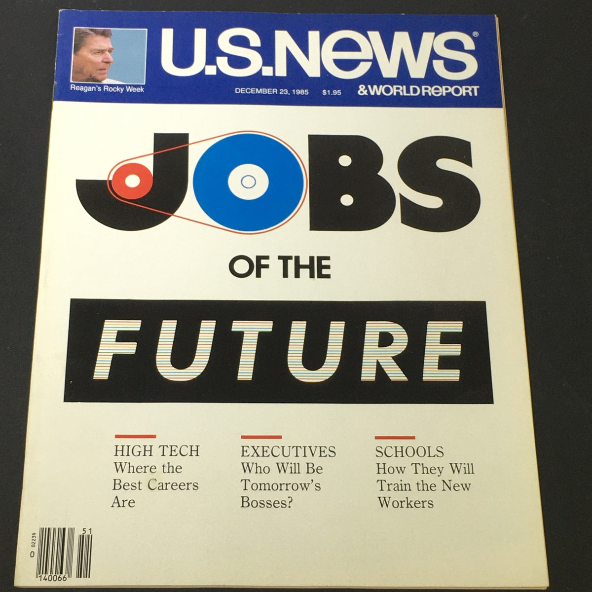 Vintage US News & World Report magazine cover from December 23, 1985, featuring the title 'Jobs of the Future' and a focus on Ronald Reagan's presidency during a pivotal week, highlighting high-tech careers and education.