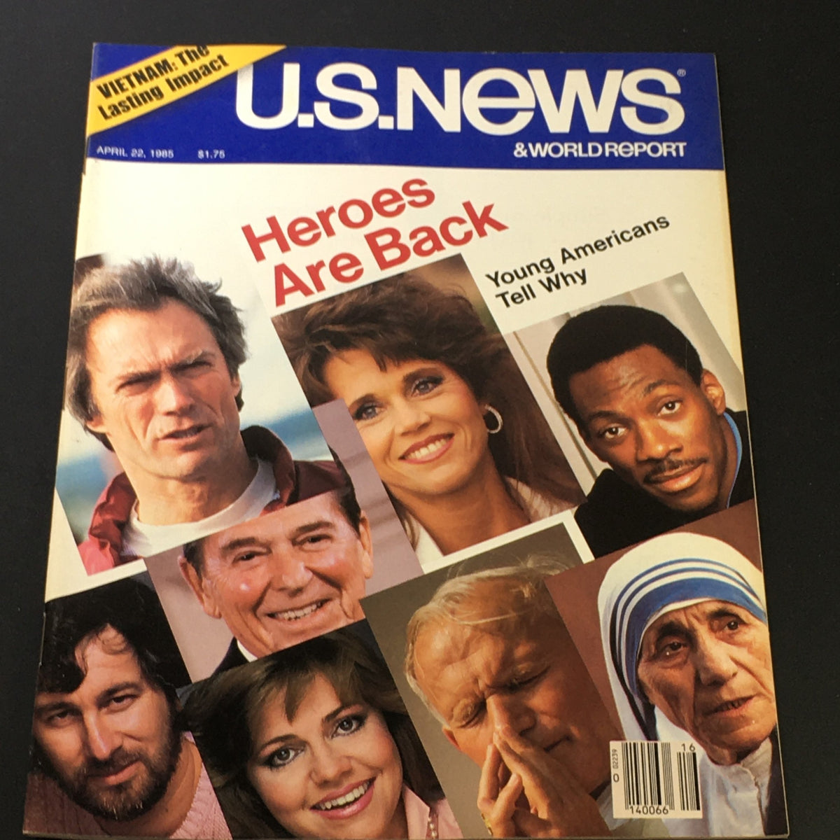 VTG US News & World Report April 22 1985 cover featuring notable figures including Mother Teresa, Clint Eastwood, and Eddie Murphy with the headline 'Heroes Are Back'.