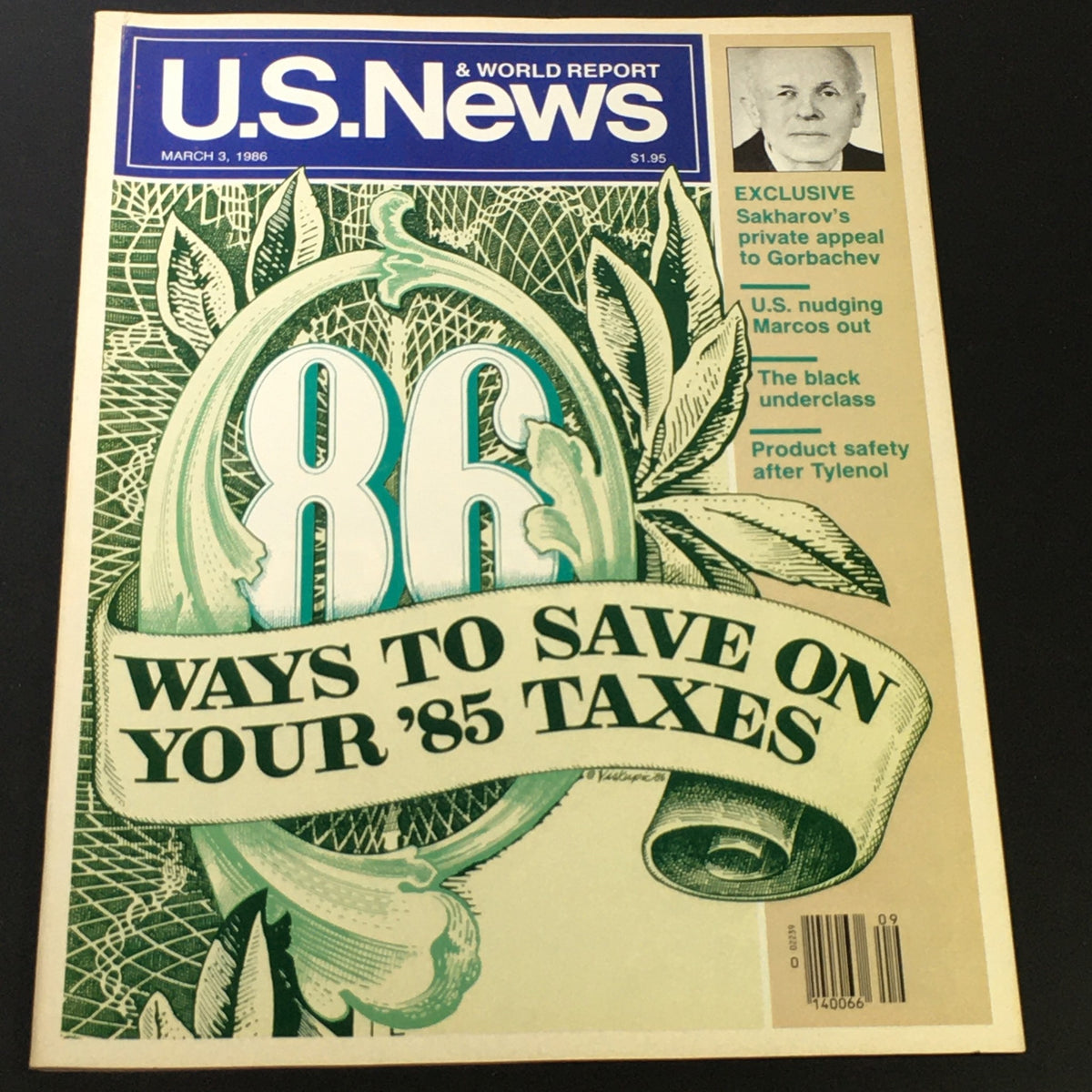 Vintage US News & World Report magazine cover from March 3, 1986, featuring prominent text about tax savings and a sidebar on Andrei Sakharov's appeal to Gorbachev.