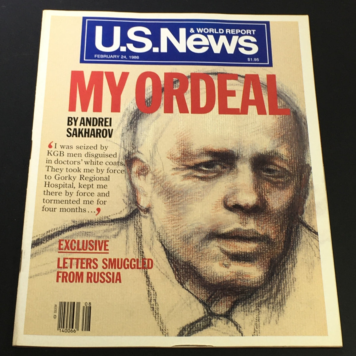 Cover of the vintage magazine US News & World Report, dated February 24, 1986, featuring the title 'My Ordeal' by Andrei Sakharov, showcasing a sketch of Sakharov and highlighting his experiences with the KGB.