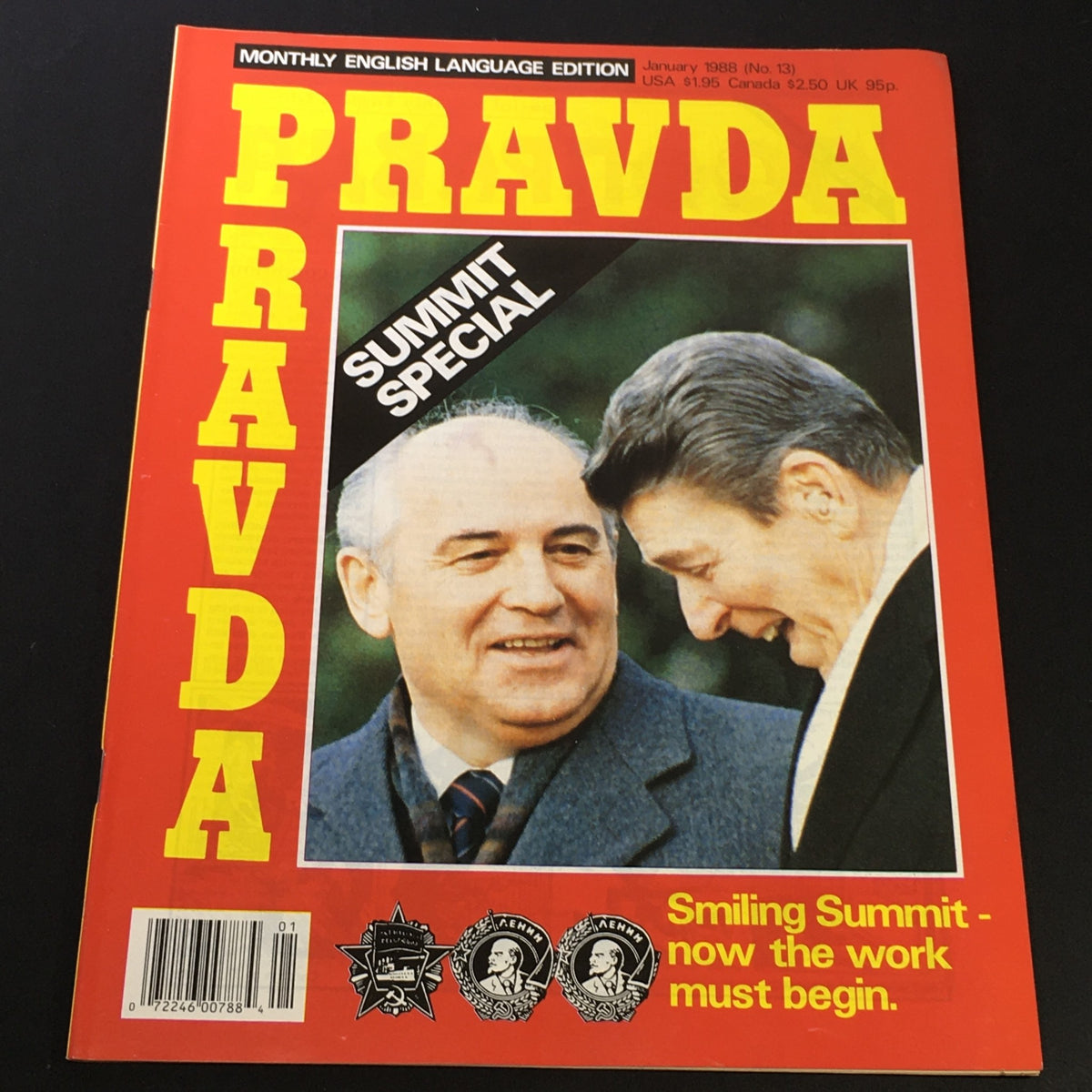 Cover of the January 1988 edition of VTG Pravda Monthly English Language Edition, featuring Mikhail Gorbachev and a smiling Ronald Reagan, highlighted as a Summit Special. This vintage magazine provides insights into historical events during the late Cold War.