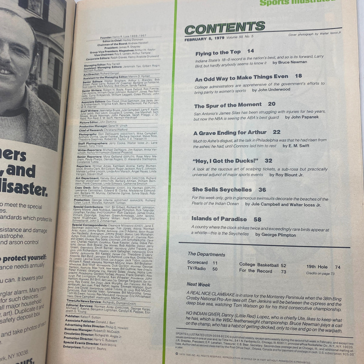 Contents page of the Sports Illustrated Magazine from February 5, 1979, featuring articles about sports events and notable athletes, including a mention of Larry Bird. This issue includes the renowned supermodel Christie Brinkley on the cover.
