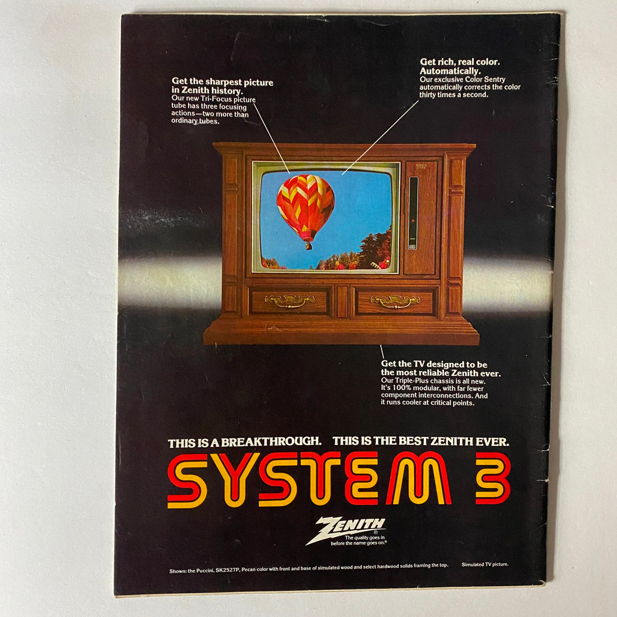Back cover of the Sports Illustrated Magazine from February 5, 1979, featuring an advertisement for Zenith television with a colorful hot air balloon image and text promoting the TV's high-quality picture and reliability.