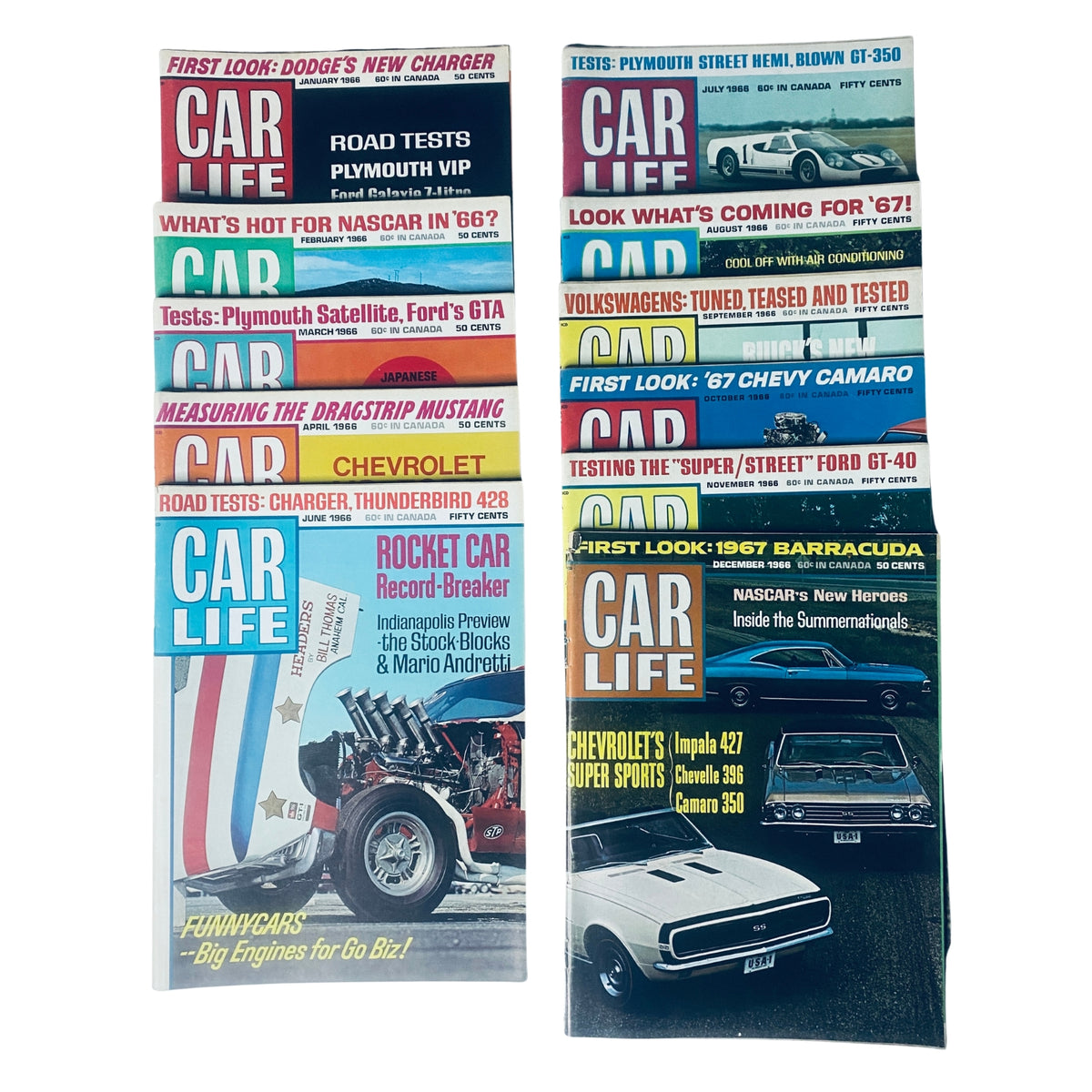 Lot of 11 Car Life Magazine issues from 1966, featuring covers with cars such as Dodge's New Charger, Chevrolet's rocket car, and upcoming models, highlighting automotive tests and features.