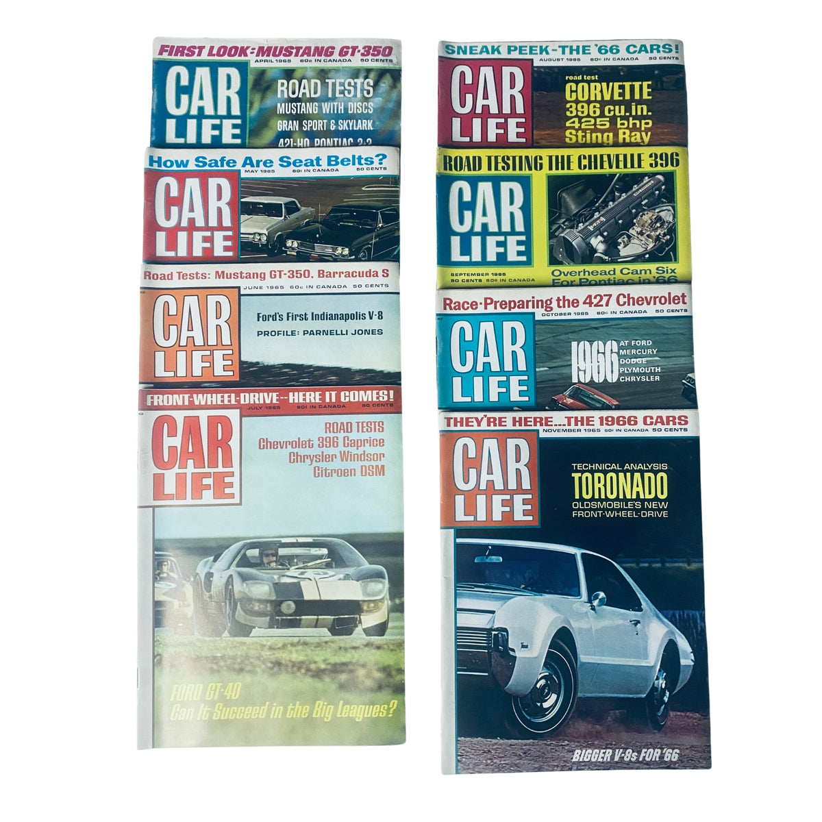 Lot of 8 Car Life Automotive Magazines from April to November 1965 featuring covers with classic cars including Mustang GT 350, Corvette, and Chevelle 396.