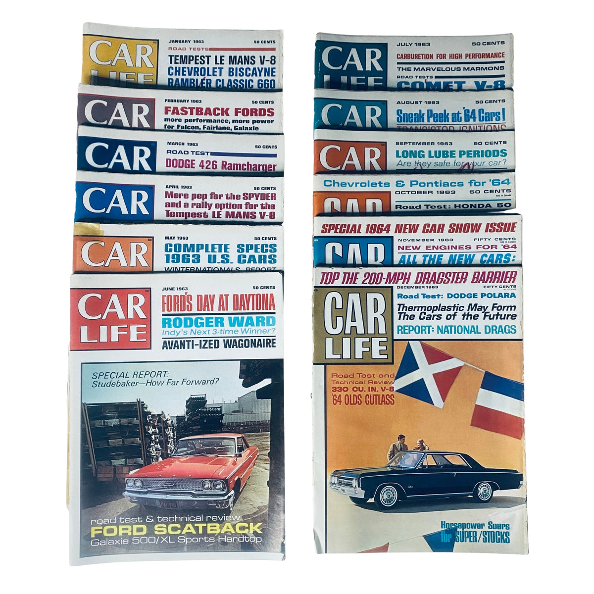 Lot of 12 Car Life Automotive Magazine 1963 Full Year January - December showcasing various issues featuring classic cars, automotive advice, and road tests.