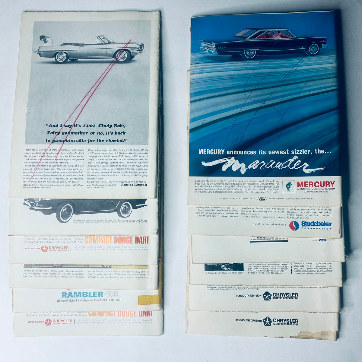 Lot of 12 Car Life Automotive Magazine 1963 Full Year January - December highlighting vintage advertisements and car models from the 1960s.
