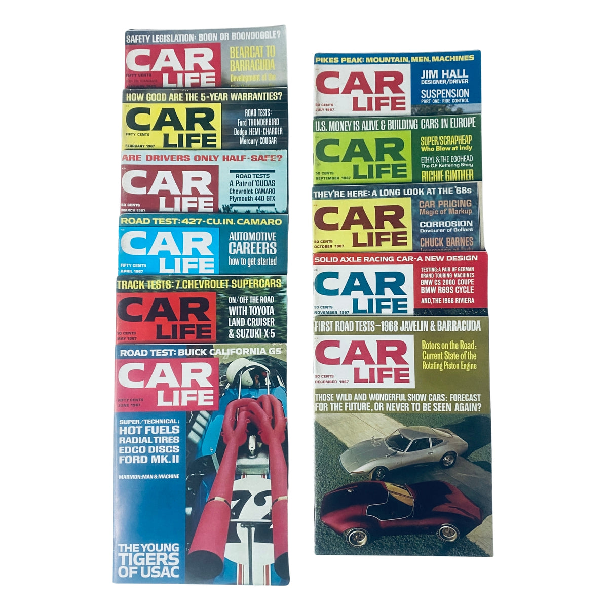 Lot of 11 Car Life Automotive Magazines 1967 January to July, September to December, featuring highlights such as car reviews and road tests with vibrant covers showcasing automotive themes.