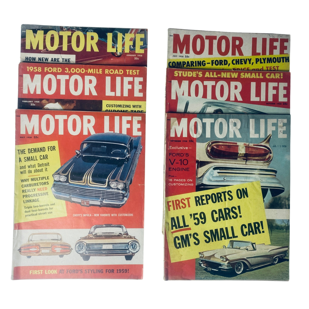 Lot of 6 Motor Life Magazines from 1958 featuring January, February, May, July, September, and October issues, showcasing automotive trends, road tests, and styling highlights.